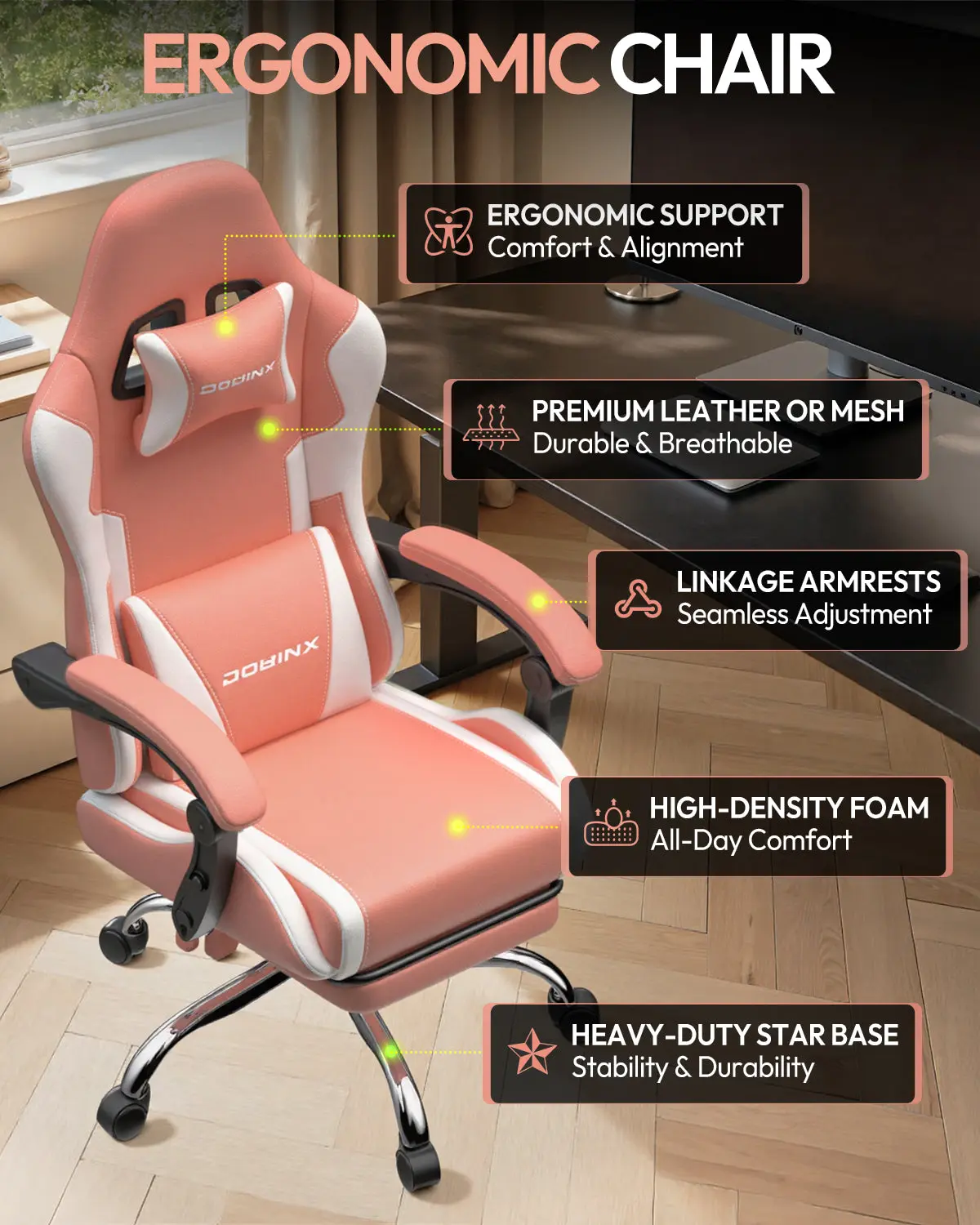 Dowinx Leather Gaming Chair LS-66D58J Pink-White - Image 5