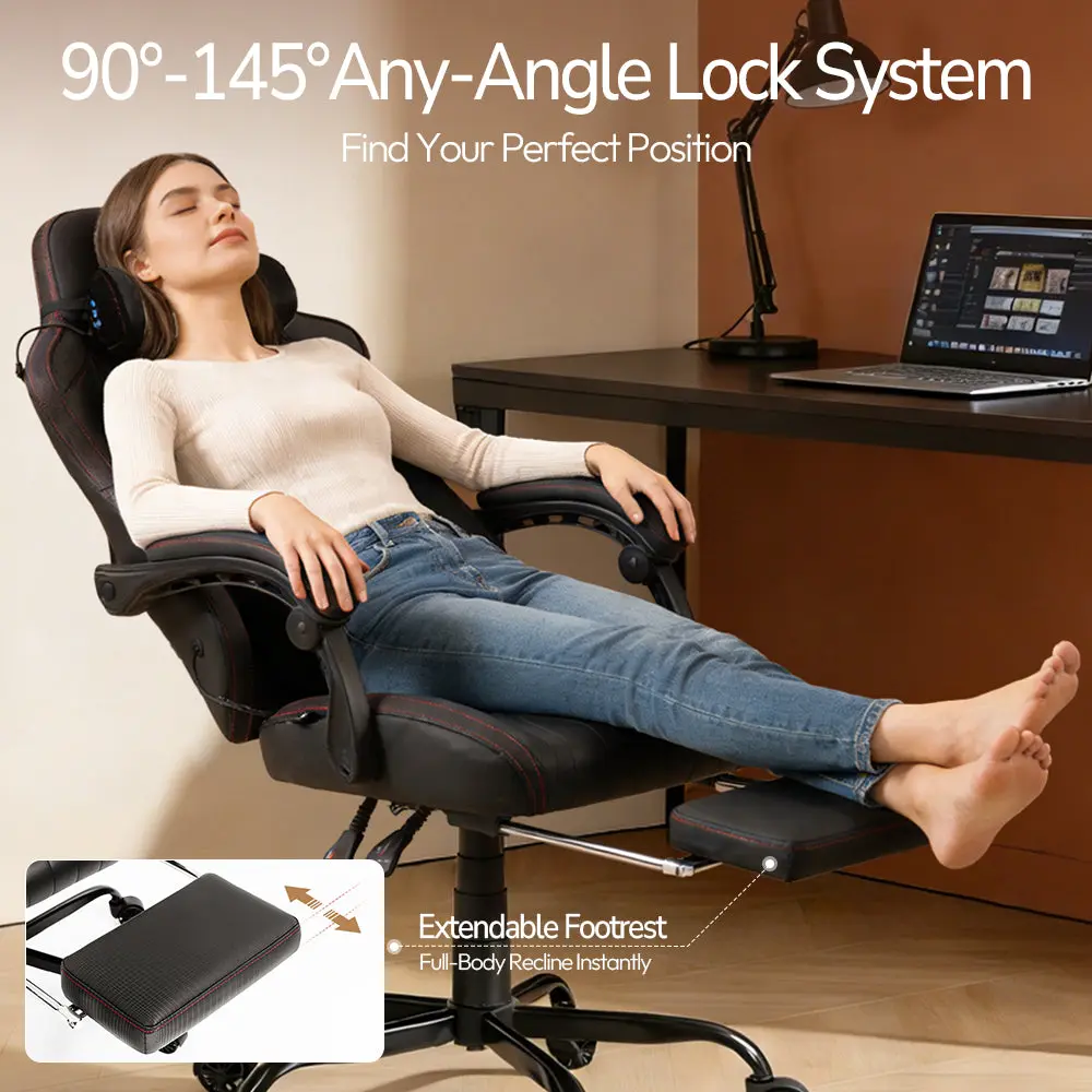 Dowinx Shiatsu Massage Gaming Chair with Footrest – Ergonomic Leather Recliner | 66D59A - Black - Image 5