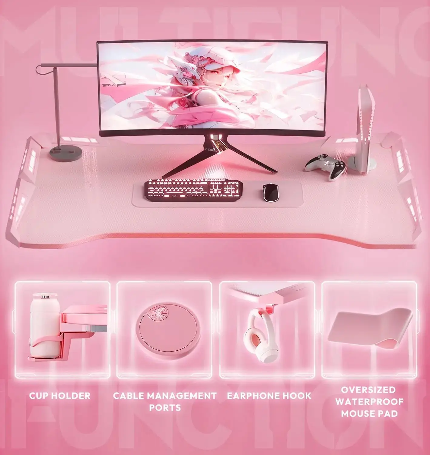 T-Shaped LED Series Gaming Desk 63 Inch Pink - Image 5