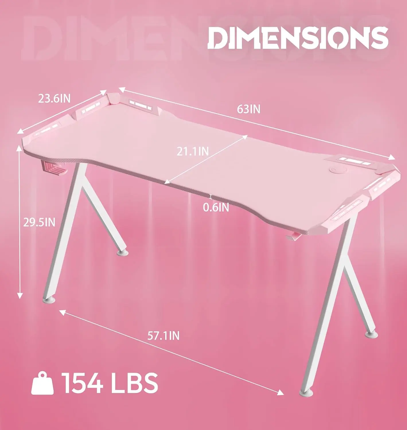 T-Shaped LED Series Gaming Desk 63 Inch Pink - Image 7
